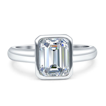 Bezel Set Emerald Engagement Ring 8mmx6mm Cubic Zirconia 925 Sterling Silver Wholesale